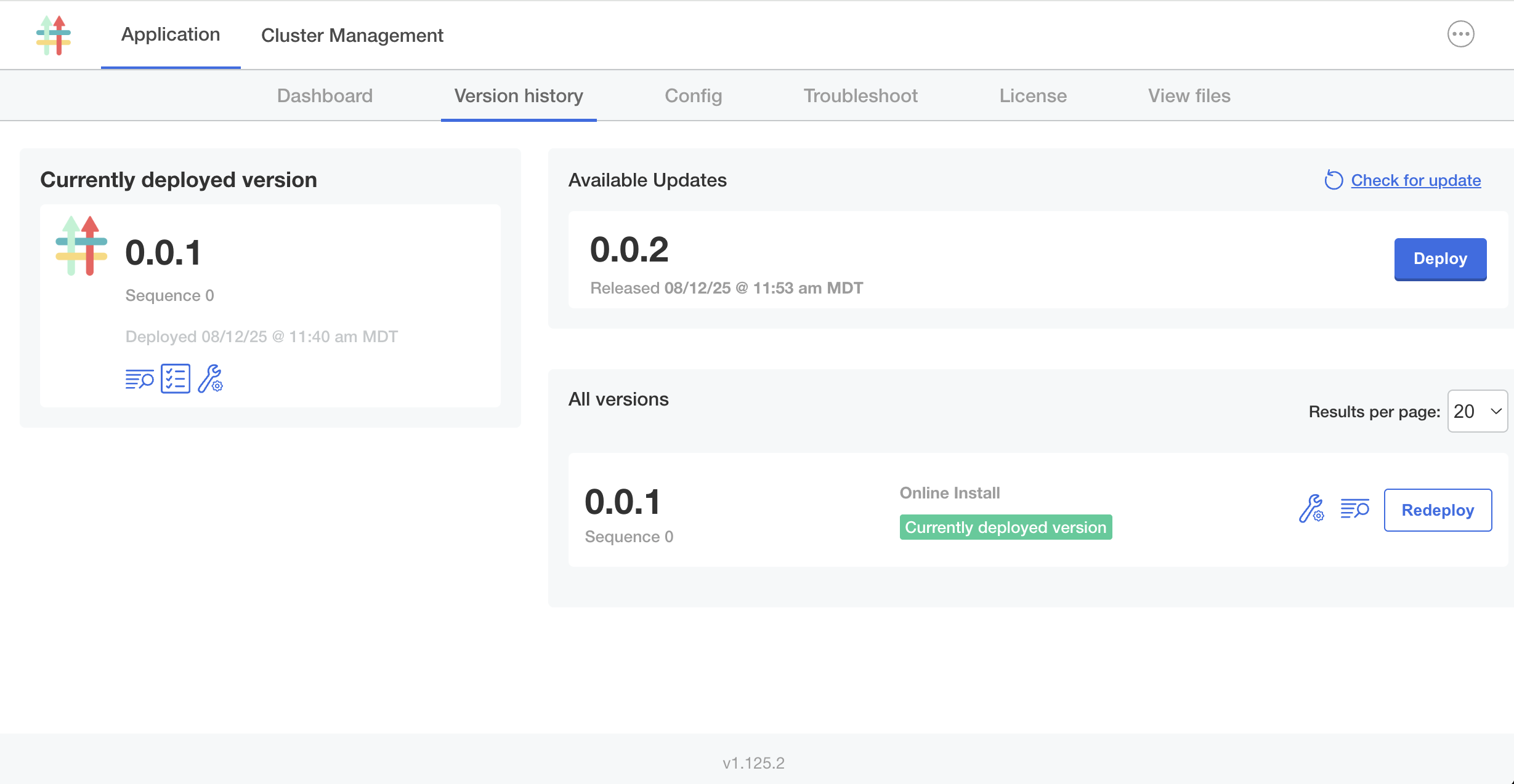 Admin console version history tab